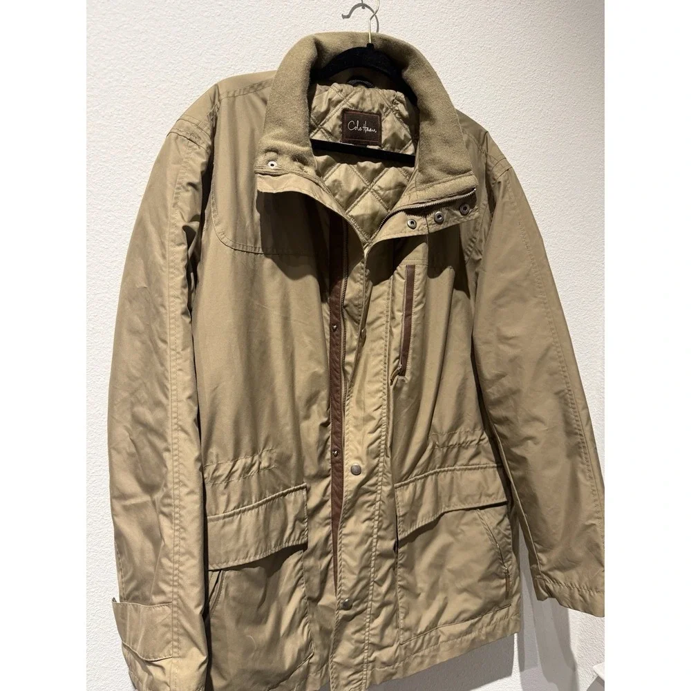 Cole Haan Mens Vtg Leather Trim Rain Thermore Coat‎ Size XL Khaki Weatherproof